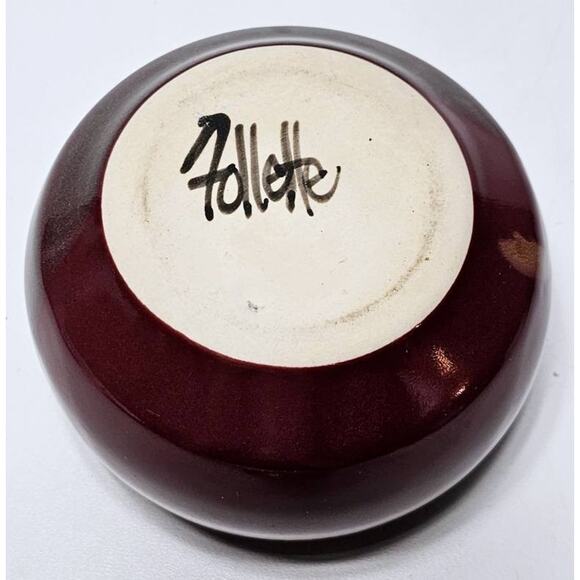 KENT FOLLETTE Pottery Cream And Sugar Set Cranberry/Green EUC Signed - Picture 13 of 13